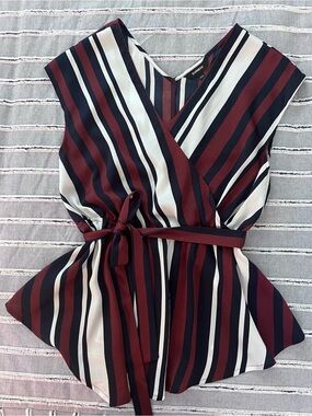Express Sleeveless Tie-Waist Striped Wrap Top in Burgundy, Navy & Cream